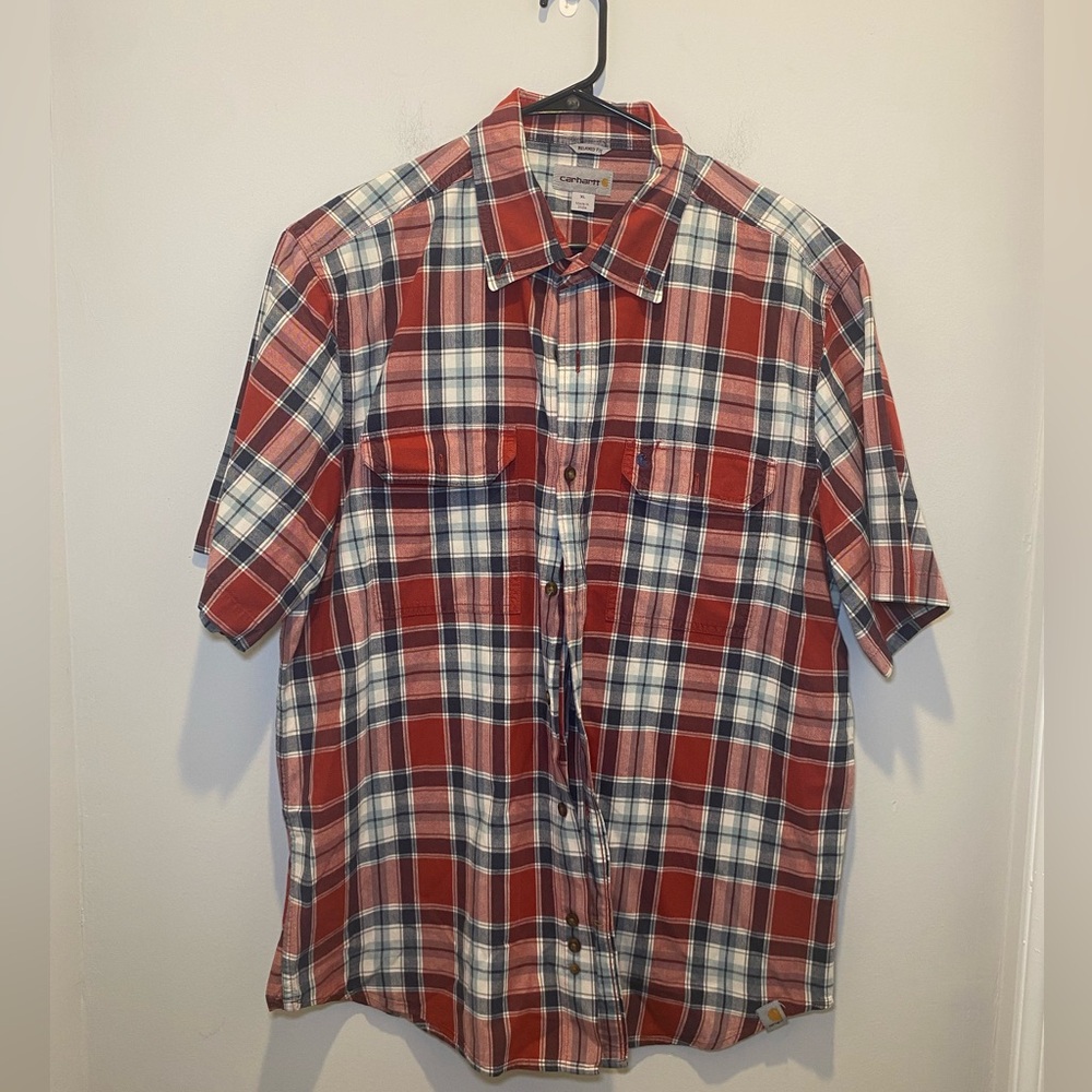 Carhartt Plaid Striped S/S Button-Up Shirt Red White Blue Men’s Size XL EUC
